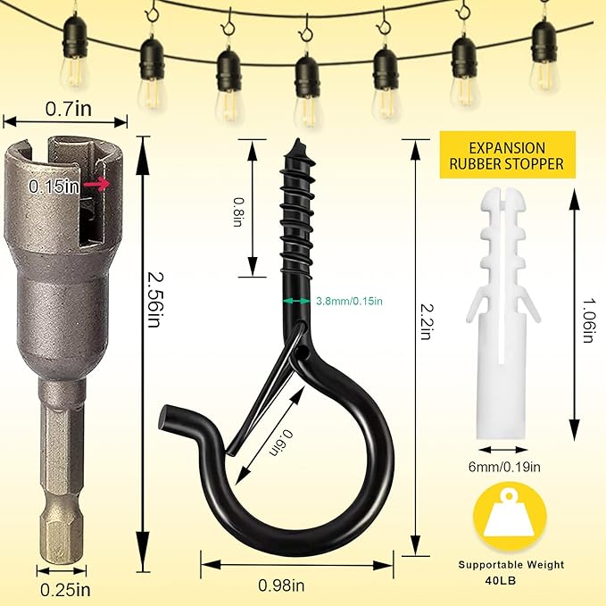 Hooks for Outdoor String Lights, Ceiling Screw Hooks with Safety Buckle Design for Hanging Plants Christmas Lights Party Led Wind Chimes, Black Q Hanger with Wing Nut Driver, 30 Pack