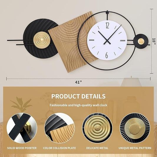 37.7X21Inch Large Modern Wall Clock Geometric Dial-Solid Wood Metal Frame - Image 2