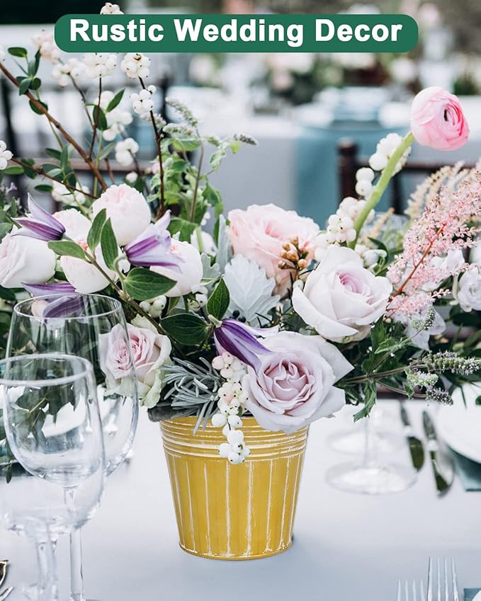 vensovo 6 Inch Gold Metal Rustic Flower Pots - 6Pcs Galvanized Planters with Drainage Hole and Rubber Plug, Rustproof Metal Bucket Plant Pots Farmhouse Vintage Style for Decor