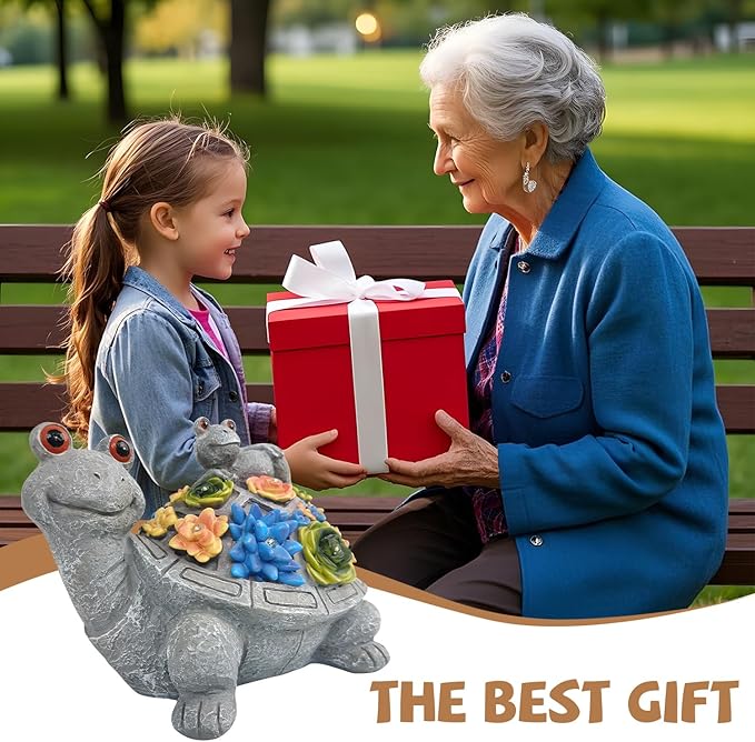 J.CARP Outdoor Solar Garden Turtle Statue with Succulents and 7 LED Lights for Garden, Patio, Lawn, Outdoor Patio and Deck Decorations, Unique Housewarming Gifts