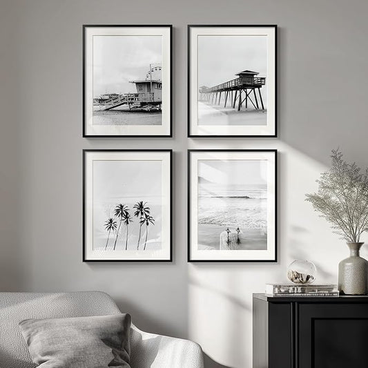 Framed Black and White Beach Wall Art, 4 Piece Coastal Photography Canvas - Image 2