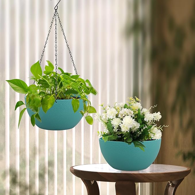 10 inch Hanging Planters for Indoor Outdoor Plants, 2 Pack Hanging Flower Pots with Drainage Holes and Chain for Garden Porch, Plastic Hanging Baskets for House Plants, Blue Green