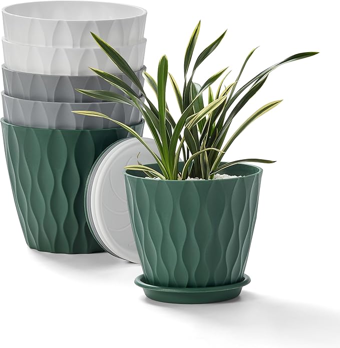 FaithLand 6-Pack 6-Inch Plastic Plant Pots with Saucers | Thickened PP Material, Modern Wave Texture, Enhanced Drainage for Indoor/Outdoor Garden Plants | Tricolor Value Set