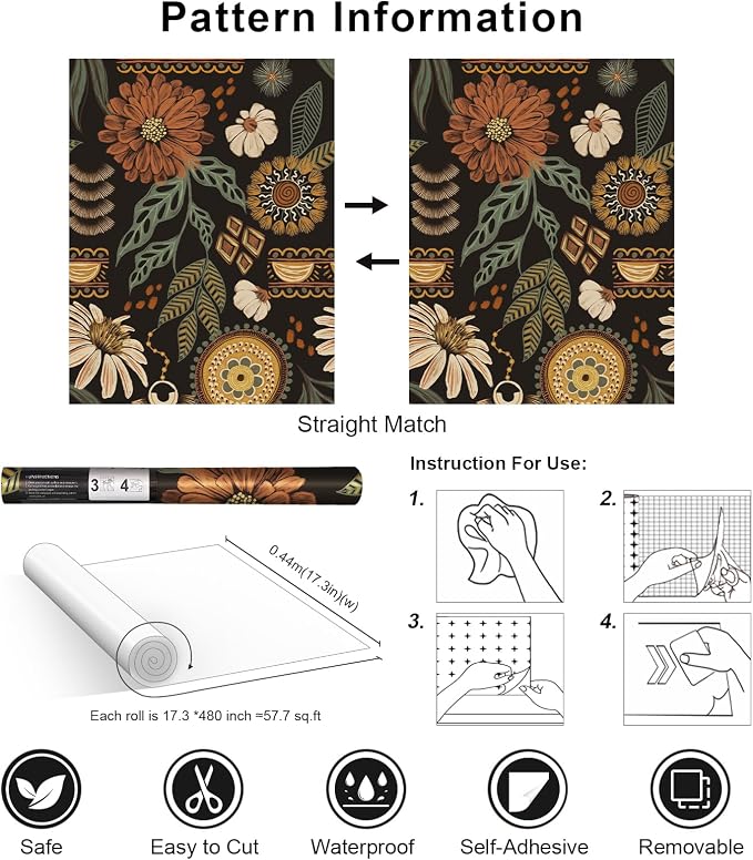 Simon&Siff Boho Peel and Stick Wallpaper, 17.3" x 480" Sun Floral Retro Contact - Image 7