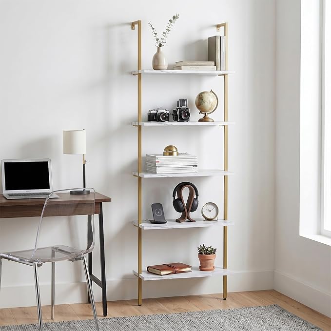 aboxoo Ladder Shelf White Marble Bookshelf 5-Tier Wall-Mounted Wood Rack - Image 9