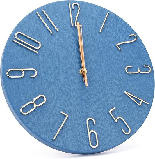 Wall Clock 12 Inch Silent Non-Ticking Imitation Wood Indoor Clock Round Blue - Image 2