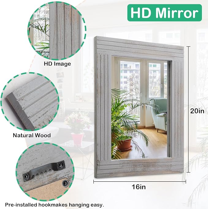 Rustic Mirror Wooden Frame Rectangular Antique Wall Mirror Decor Farmhouse - Image 7