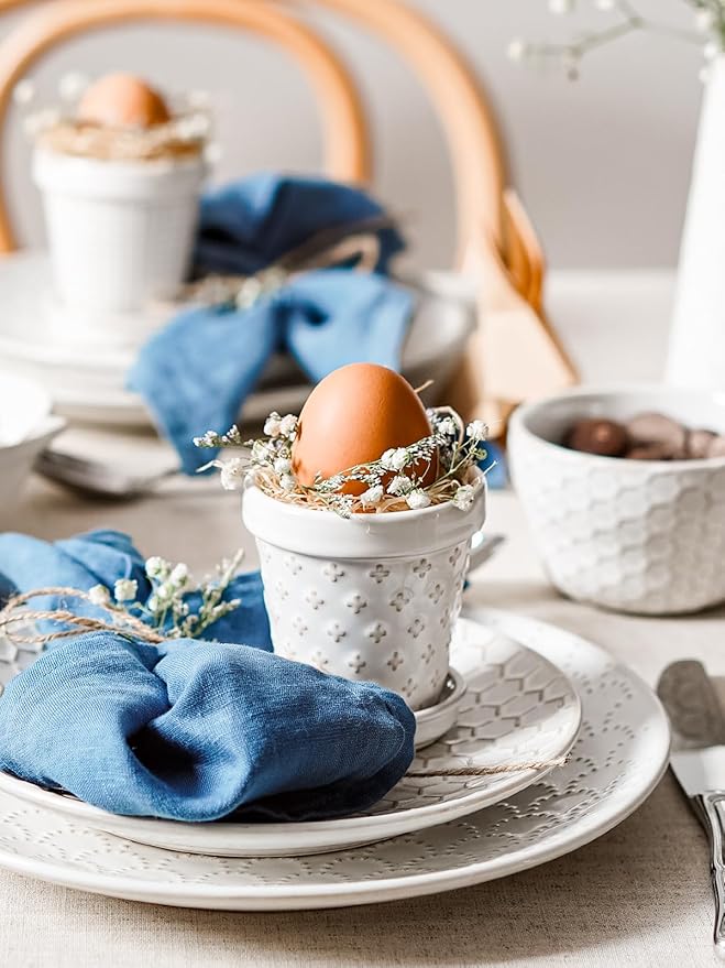 LE TAUCI Ceramic Succulent Pots, 4 Inch Small Plant Pot for Indoor Plant Cactus, Embossed Flower Pots with Drainage Hole & Saucer - Set of 4, Arctic White