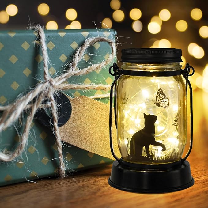 Kyoryuger Cat Solar Lanterns 2PACK Cat Lover Gifts for Women Mom Grandma Christmas Cat Gifts for Cat Lovers Cat Memory Lantern with Stake for Yard Lawn Patio Garden Decor and Bedroom Decoration
