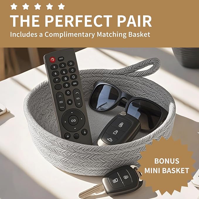 125L Extra Large Blanket Basket, 25" x 16", Jumbo Laundry Woven Baskets Decorative Home, Cotton Rope Basket with Handles, Baby Toy Baskets for Storage, Gradual Gray, 2PC