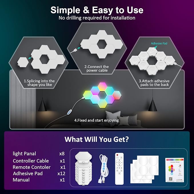 OJQ 8 Pack Hexagon Lights Wall RGB Panel - Image 7