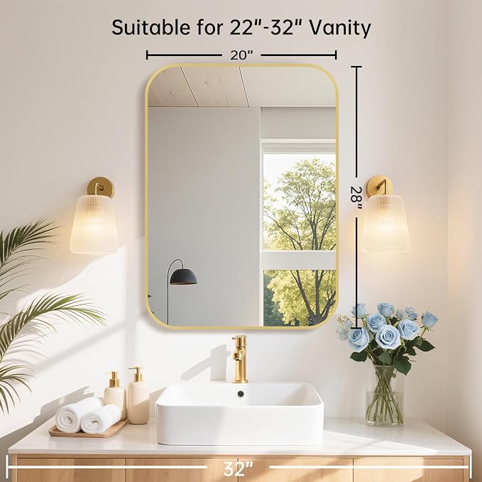 20x28 Inch Gold Bathroom Mirror, Brushed Brass Gold Metal Framed Rectangular - Image 7
