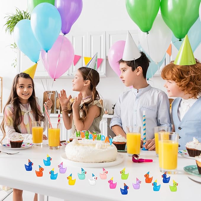 100 Pack Mini Resin Ducks, Multicolor Mini Ducks Wearing Party Hat, Tiny Duck Miniature Duck Figures Tiny Home Ornament for Micro Landscape Dollhouse Garden Aquarium Potted School Office