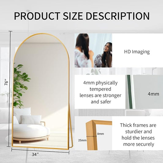 Beauty4U Arched Full Length Mirror 76" x 34", Floor Standing & Wall Mounted HD - Image 2