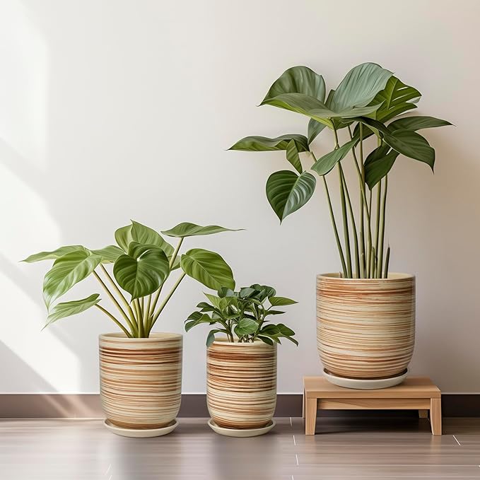 Ceramic Planter 10 Inch - Ceramic Pots for Indoor Plants Outdoor Large Plant Pot with Drainage Hole and Saucer Cylinder Flower Pot Yellow