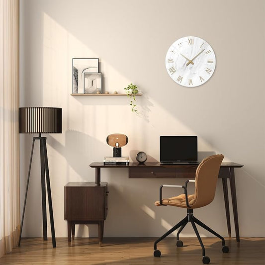 Round Marble Battery Wall Clock Modern 14 Inch White Minimalist Wall Clock - Image 2