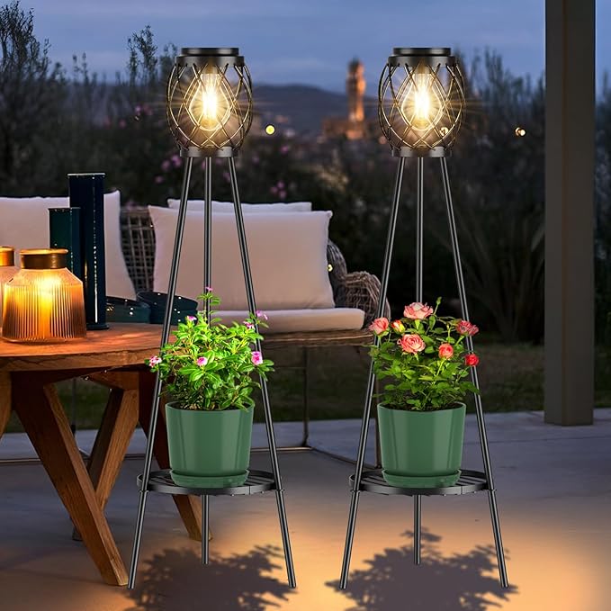 2 Pack Solar Lights Outdoor with LED Edison Bulbs, Vintage Style Solar Floor Lamp with Plant Stands, Weatherproof Garden Lights for Pathway, Patio, Yard, Porch Decor 8-10 Hours Lighting