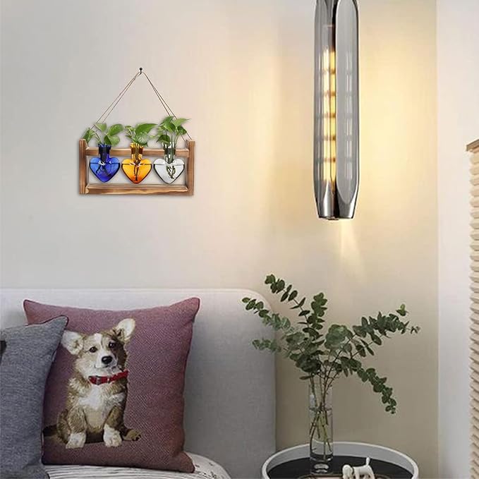 Plant Terrarium Propagation Stations Hydroponics Home Garden Decoration Gift for Women with Wooden Stand Heart Shaped Colored Glass Vase