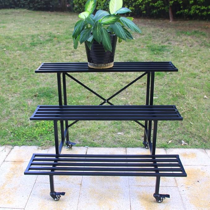 Zhongma Moving Garden Cart 3 Tier Sturdy Metal Plant Stand Heavy Duty Plant holder Garden Plant Shelf with Wheels