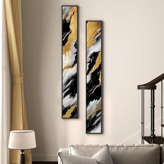 Framed Long Narrow Vertical Abstract Wall Art Set, 2 Piece Black White Gold - Image 2