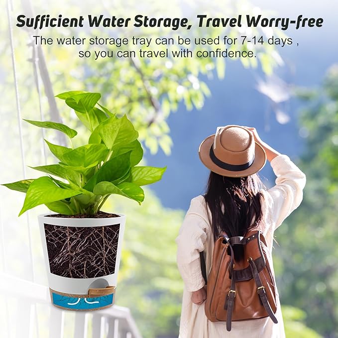 8-Inch Plant Pots, Self-Watering Planters with Drainage Holes & Saucers for Indoor and Outdoor Plants (2-Pack, White)