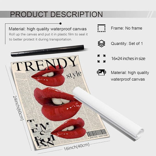 jkahh Trendy Y2k Newspaper Wall Art Vintage Red Lips Kiss Prints Poster Fashion - Image 2