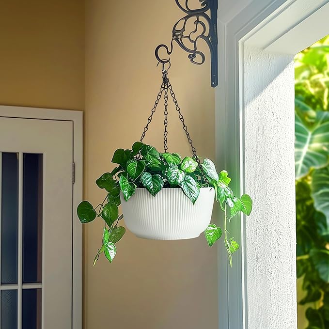 T4U 12 Inch Large Hanging Planters for Outdoor Plants, 2 Pack Self Watering Hanging Pots Indoor, Hanging Baskets for Plants,Hanging Flower Pot with Drainage Hole and Plant Hanger, White