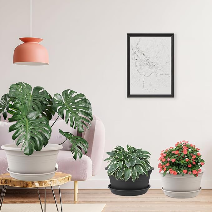 Large 4 Pack13 inch Plant Pots, Round Plastic Pots for Plants, Outdoor Planters with Drainage Hole & Tray Saucer, Decoration Large Flower Pots for Indoor Outdoor Garden Home Plants (White)