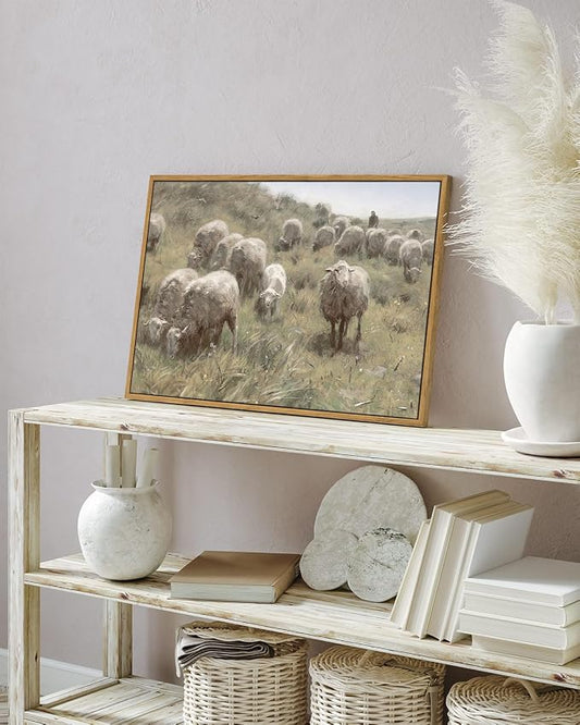 InSimSea Framed Canvas Wall Art Vintage Decor, Sheep on the Dunes Pictures - Image 2