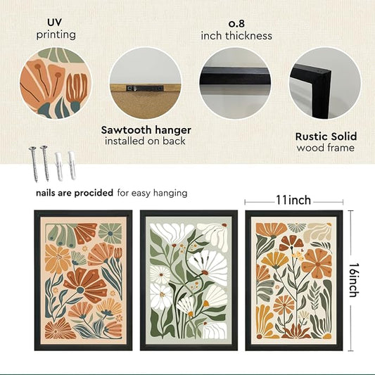 YWJKWLGS Mid Century Boho Wildflower Wall Art Set of 3, 11x16 Inch Black Framed - Image 2