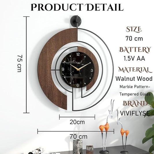 Modern Walnut Marble Dial Wall Clock, Large Wood Metal Frame Silent Non Ticking - Image 2