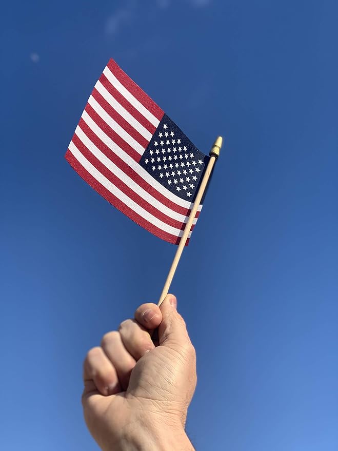 American Flags on Stick - Handheld Spearhead US Flag for 4th of July, Memorial Day Event Decorations - Patriotic Decor for Indoors & Yard - Wooden Stick, Cotton Fabric - (4"X6" - 50 Pack)