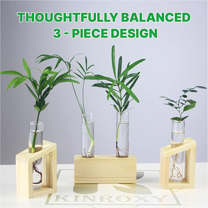 Plant Propagation Station - 3-Piece Wooden Stand with 4 Glass Test Tubes, Terrarium Vases for Plants, Hydroponic Propagation Planter for Home office Decor, Plant Lover Gift.
