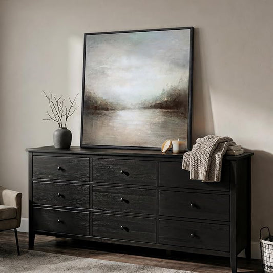Framed Abstract Lake Landscape Wall Art, Modern Neutral Canvas Prints Artwork - Image 2