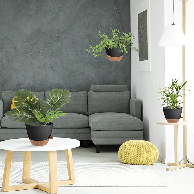 Hanging Planters for Indoor Outdoor Plants, 2 Pack Self Watering Hanging Pot with Drainage Holes & Removable Tray (Black, 8'')