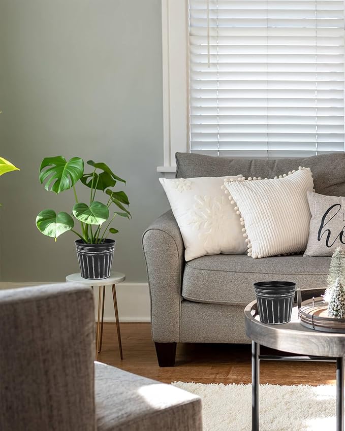 vensovo 5 Inches Black Metal Rustic Flower Pots - 6 Pcs Small Galvanized Planters with Drainage Hole and Rubber Plug, Rustproof Tin Bucket Plant Pot Farmhouse Vintage Style for Decor