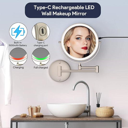 Rocollos Rechargeable Wall Mounted Lighted Makeup Mirror, 8 Inch Double-Sided - Image 2