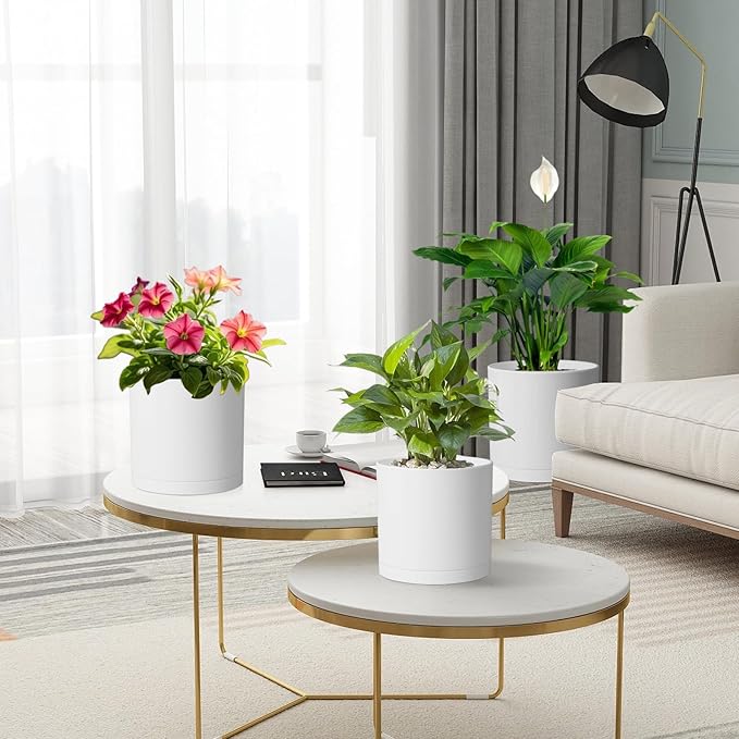 8/7/6 inch Plant Pots, Set of 3 Cylinder Flower Pots for Outdoor Indoor Plants, Decorative Plastic Planters with Drainage Holes and Saucers for Garden House Plants, White