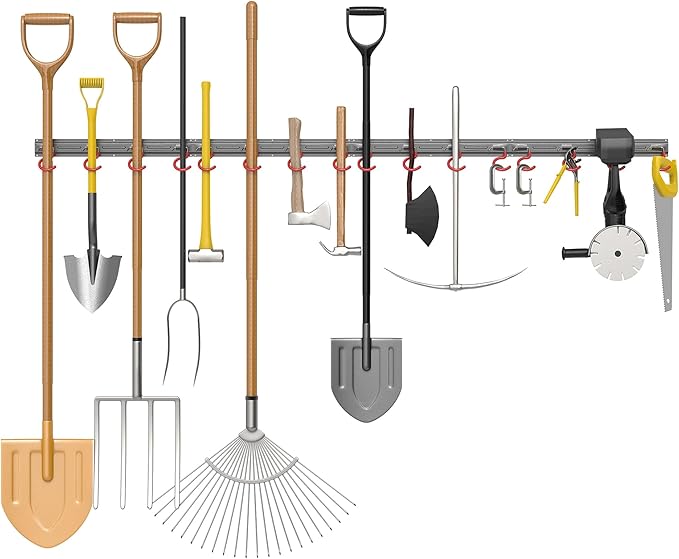 TORACK Metal Wall-Mounted Garden Tool Organizer for Garage, Mop and Broom Holder, Yard Tool Storage Rack for Rakes, Shovels, Mops, Brooms (4 Rails, 16 Hooks)