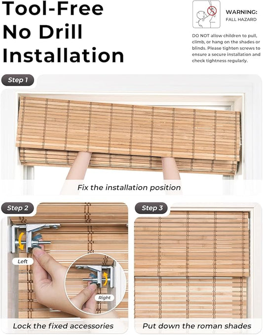 UNISHADES No Drill Cordless Bamboo Roman Shades, Light Filtering Woven Natural - Image 2