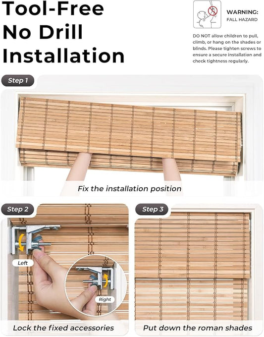 UNISHADES No Drill Cordless Bamboo Roman Shades, Light Filtering Woven Natural - Image 2