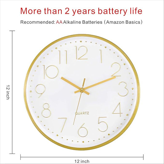 Foxtop Gold Wall Clock 12 Inch Silent Non-Ticking Battery Operated Round Quartz - Image 2
