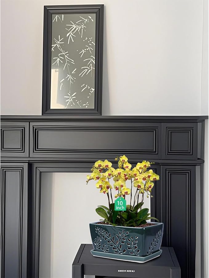 Ceramic Orchid Pot, 10 Inch Rectangular Orchid Pots with Holes, Premium Thickened Handmade Glazed Pot for Orchidaceae Plants, Indoor Outdoor Decorative Flower Pot for Easy Repotting