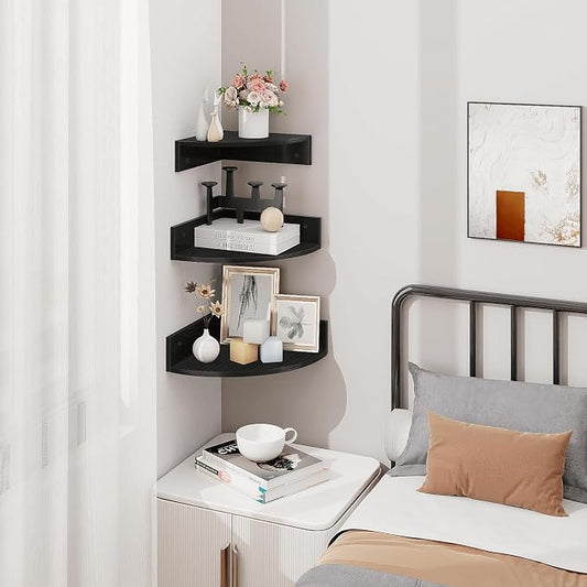 Homode Corner Floating Shelves, 3 Tier Wooden Hanging Corner Storage Shelf - Image 2