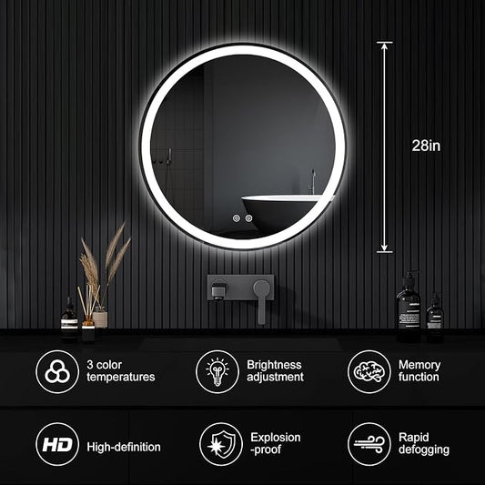 NEWBULIG 28 Inch Round LED Bathroom Wall Mirror - Image 2
