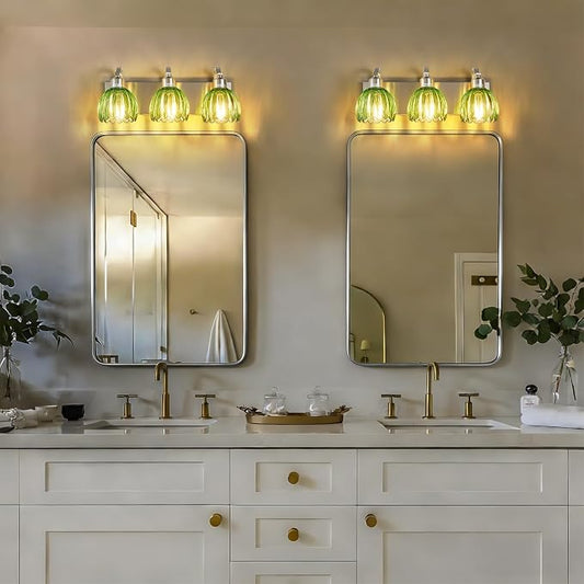 3-Light Vanity Lights with Green Tulip Glass Shade, Brushed Nickel Bathroom - Image 2