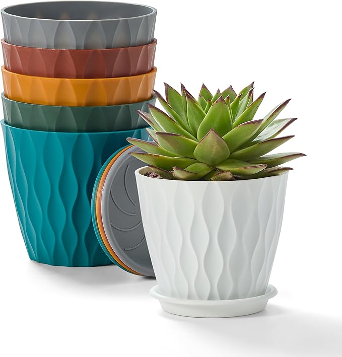 FaithLand 6-Pack 6-Inch Plastic Plant Pots with Saucers | Thickened PP Material, Modern Wave Texture, Enhanced Drainage for Indoor/Outdoor Garden Plants | Multicolor Value Set