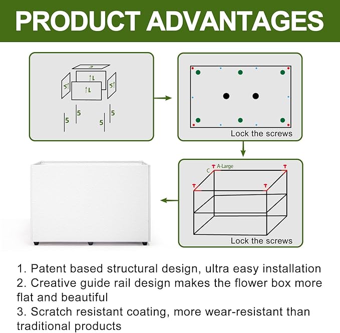 Planter Box Rectangular Block - 24×16×12IN Galvanized Steel Metal Long Box Planter Easy Installation Modern Outdoor Tall Planters All-Weather Use with Drainage Holes for Patio/Porch(White)
