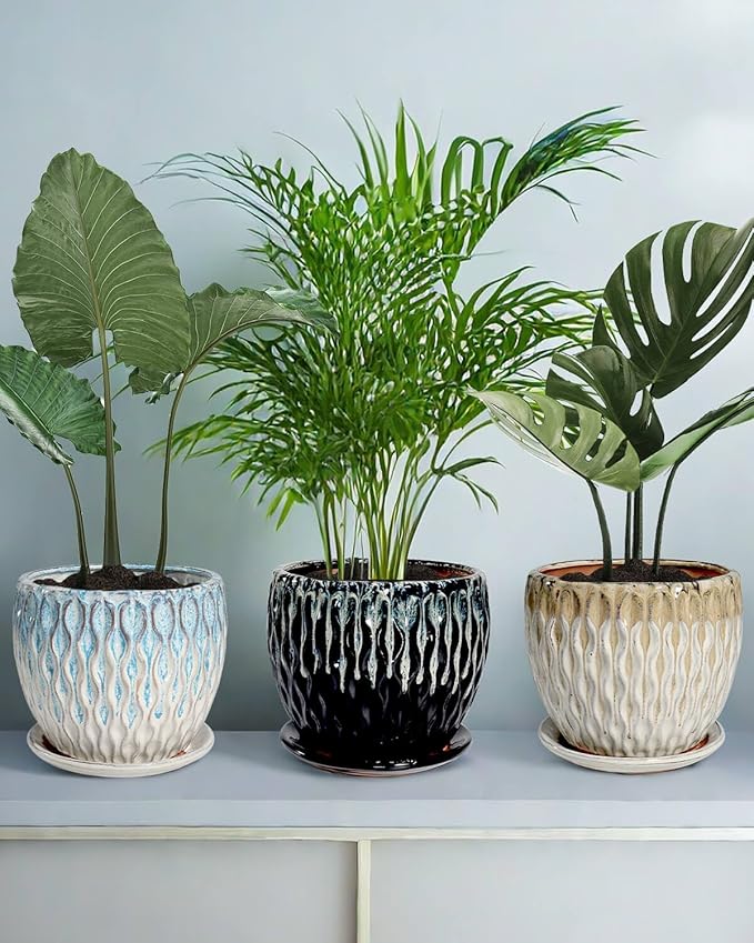vensovo 7.5 Inch Ceramic Plant Pot with Drainage Holes and Saucer - Large Round Orchid Pot for Indoor Repotting, Ceramic Planter Maintain air Circulation, Black