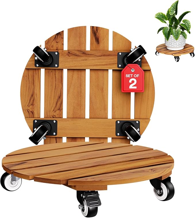 Idzo 2-Pack 14 Inch Acacia Wood Rolling Round Plant Caddy, Plant Caster for Heavy Duty Plant Stand with 360° Lockable Wheels, 264 lbs Capacity Caddy for Indoor and Outdoor Use, Natural Wood